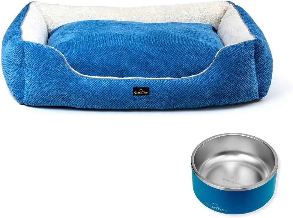GRANDTIES Dog Bed   Stainless Steel Bowl  Machine Washable Calming Dog Bed (XL, Azure), Insulated Non-Skid Spill-Proof Dog Bowl (64oz, Cobalt Blue), BPA-Free and Durable for Dogs & Cats