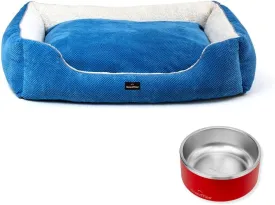 GRANDTIES Dog Bed   Stainless Steel Bowl  Machine Washable Calming Dog Bed (XL, Azure), Insulated Non-Skid Spill-Proof Dog Bowl (64oz, Cranberry), BPA-Free and Durable for Dogs & Cats