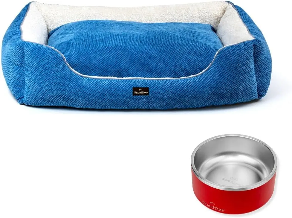 GRANDTIES Dog Bed   Stainless Steel Bowl  Machine Washable Calming Dog Bed (XL, Azure), Insulated Non-Skid Spill-Proof Dog Bowl (64oz, Cranberry), BPA-Free and Durable for Dogs & Cats