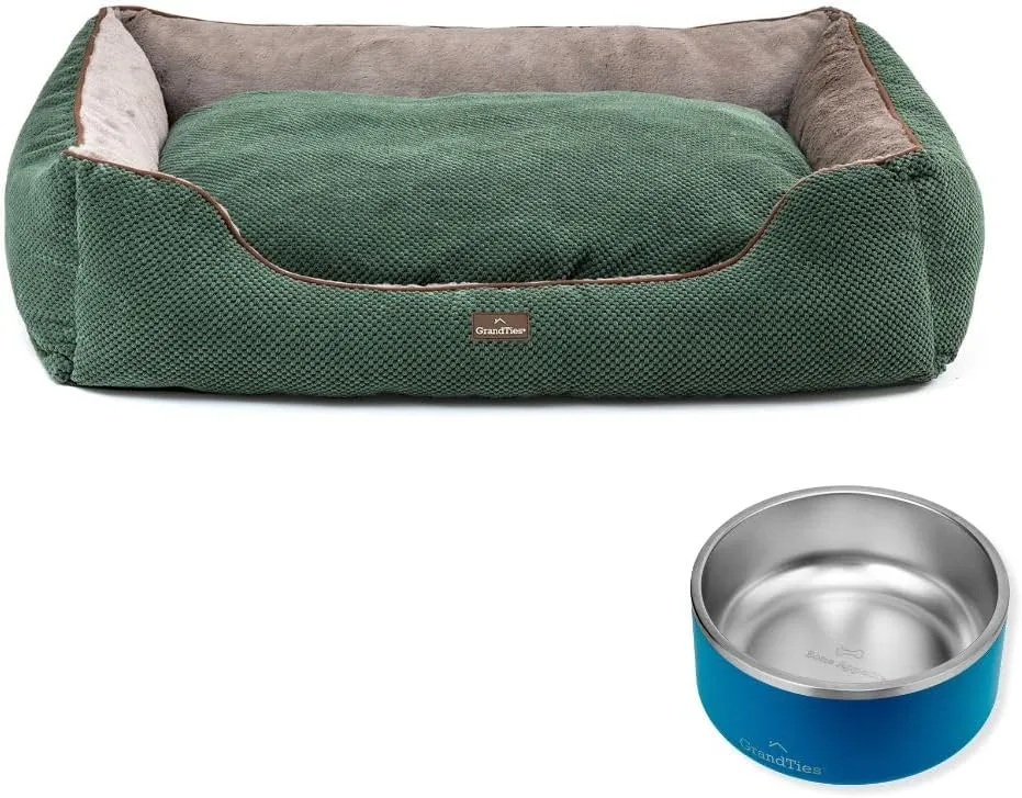 GRANDTIES Dog Bed   Stainless Steel Bowl  Machine Washable Calming Dog Bed (XL, Olive), Insulated Non-Skid Spill-Proof Dog Bowl (64oz, Cobalt Blue), BPA-Free and Durable for Dogs & Cats