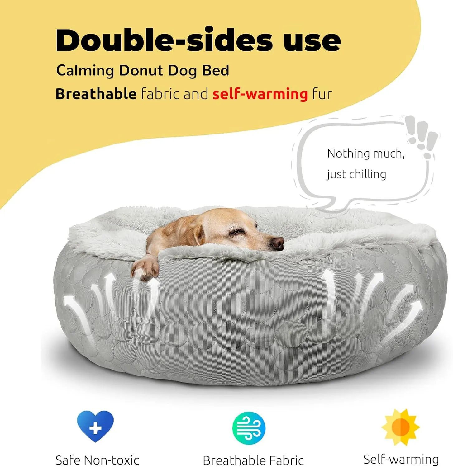HACHIKITTY Dog Donut Round Calming Bed, Fluffy Dog Bed for Medium Large Dogs, Cooling Warming Soft Dog Cushion Bed, Double Sided Available Dog Bed with Warm & Cool Sides(36"x36"x12", Grey)