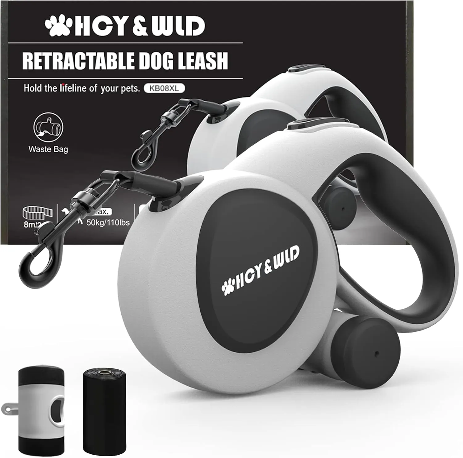 HCY&WLD Upgrade 3-in-1 Retractable Dog Leash with Integrated Dispenser & Poop Bags, 26 ft Heavy Duty Dog Leash with Anti-Slip Handle for Dogs up to 110 lbs, 360 Tangle-Free, One Button Brake & Lock