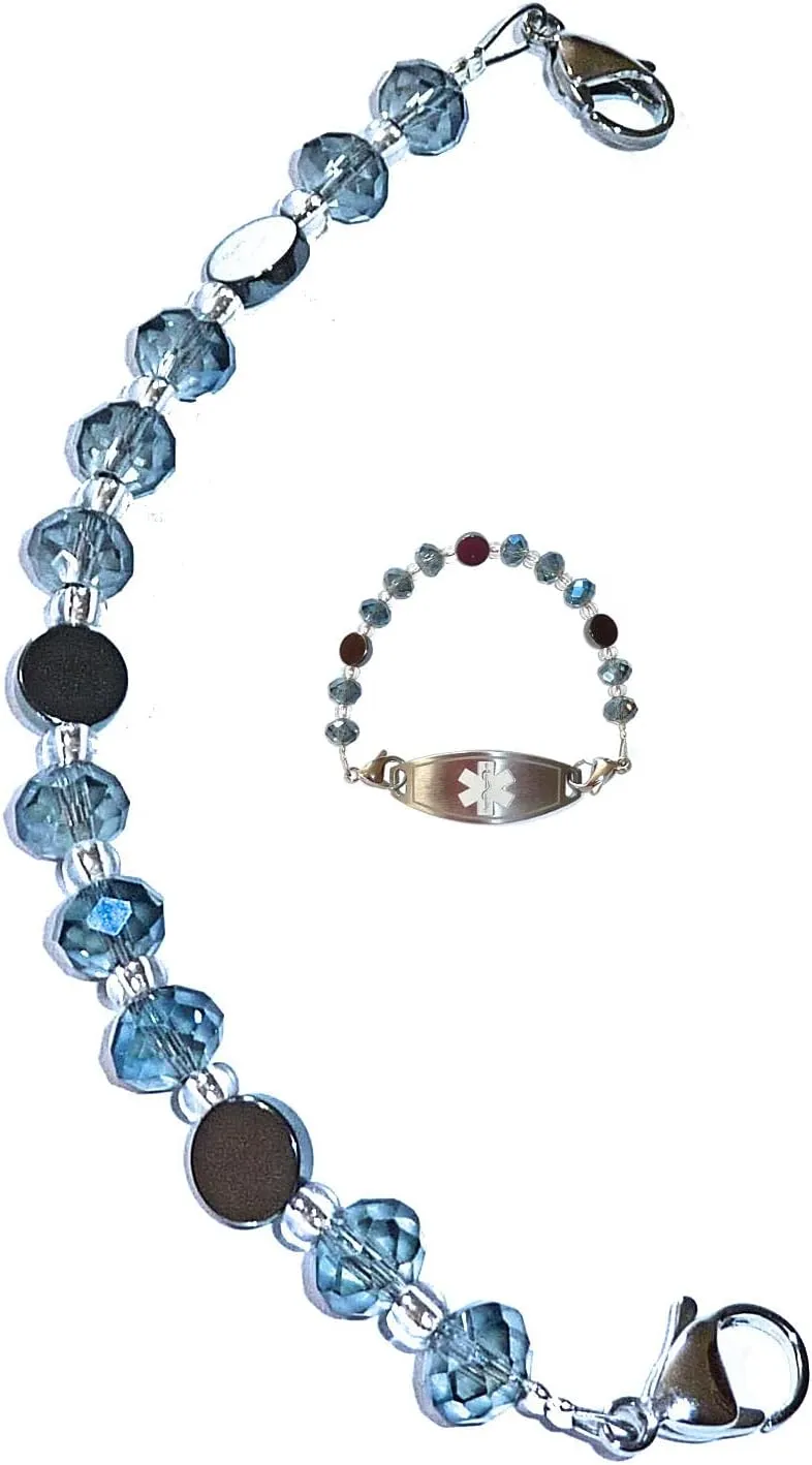 Hidden Hollow Beads Women's Artistic 6.5 or 5.5 inch long Medical Alert ID Interchangeable Replacement Bracelet, Identification Vital info tag (Blue, 6.5 inches)