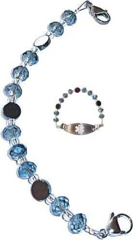 Hidden Hollow Beads Women's Artistic 6.5 or 5.5 inch long Medical Alert ID Interchangeable Replacement Bracelet, Identification Vital info tag (Blue, 6.5 inches)