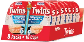 INABA Twins for Cats, Shredded Chicken & Broth Gele Side Dish/Topper Cups with Green Tea Extract, 1.23 Ounces per Serving, 16 Servings, Tuna & Chicken with Scallop Recipe
