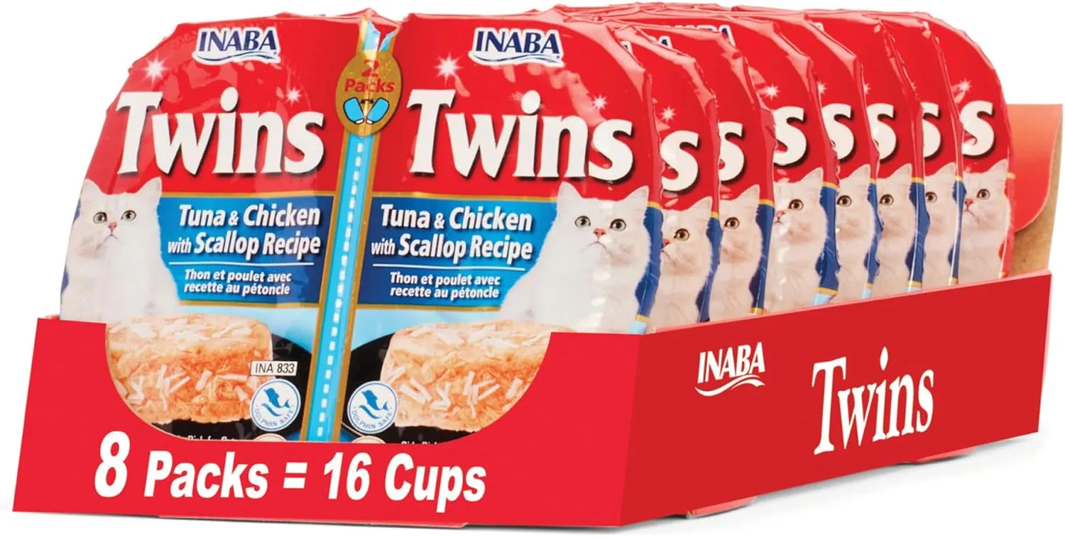 INABA Twins for Cats, Shredded Chicken & Broth Gele Side Dish/Topper Cups with Green Tea Extract, 1.23 Ounces per Serving, 16 Servings, Tuna & Chicken with Scallop Recipe
