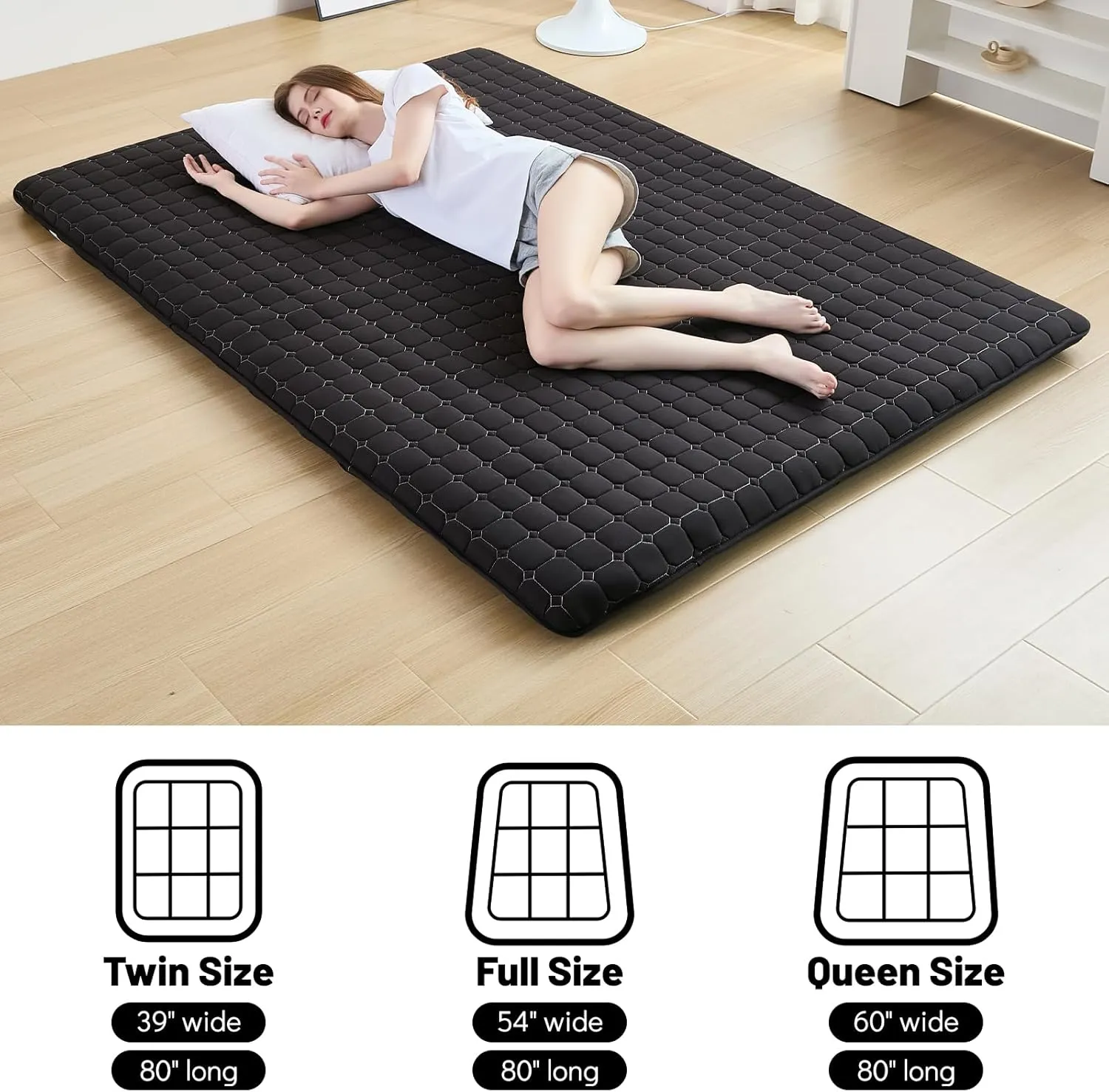 Japanese Floor Mattress Twin, Anti-Slip Japanese Futon Foldable Tatami Mat for Guests, Black