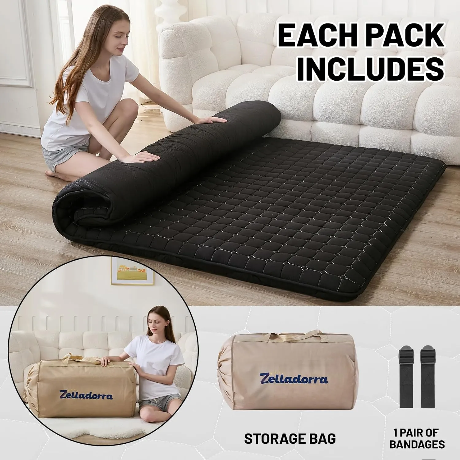 Japanese Floor Mattress Twin, Anti-Slip Japanese Futon Foldable Tatami Mat for Guests, Black