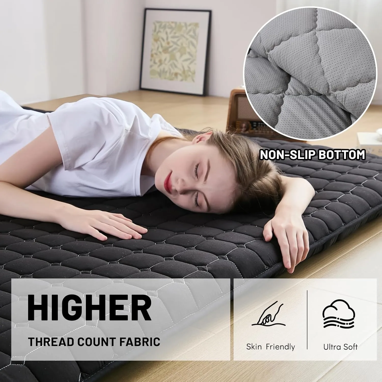 Japanese Floor Mattress Twin, Anti-Slip Japanese Futon Foldable Tatami Mat for Guests, Black