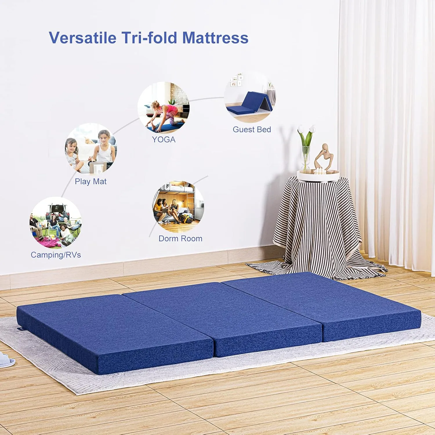 JINGWEI Small Twin Size Folding Mattress, Tri-fold Memory Foam Mattress Topper with Washable Cover, 6-Inch, Play Mat, Foldable Bed, Guest beds, Camp Portable Bed, Blue, 25"*75"*6"