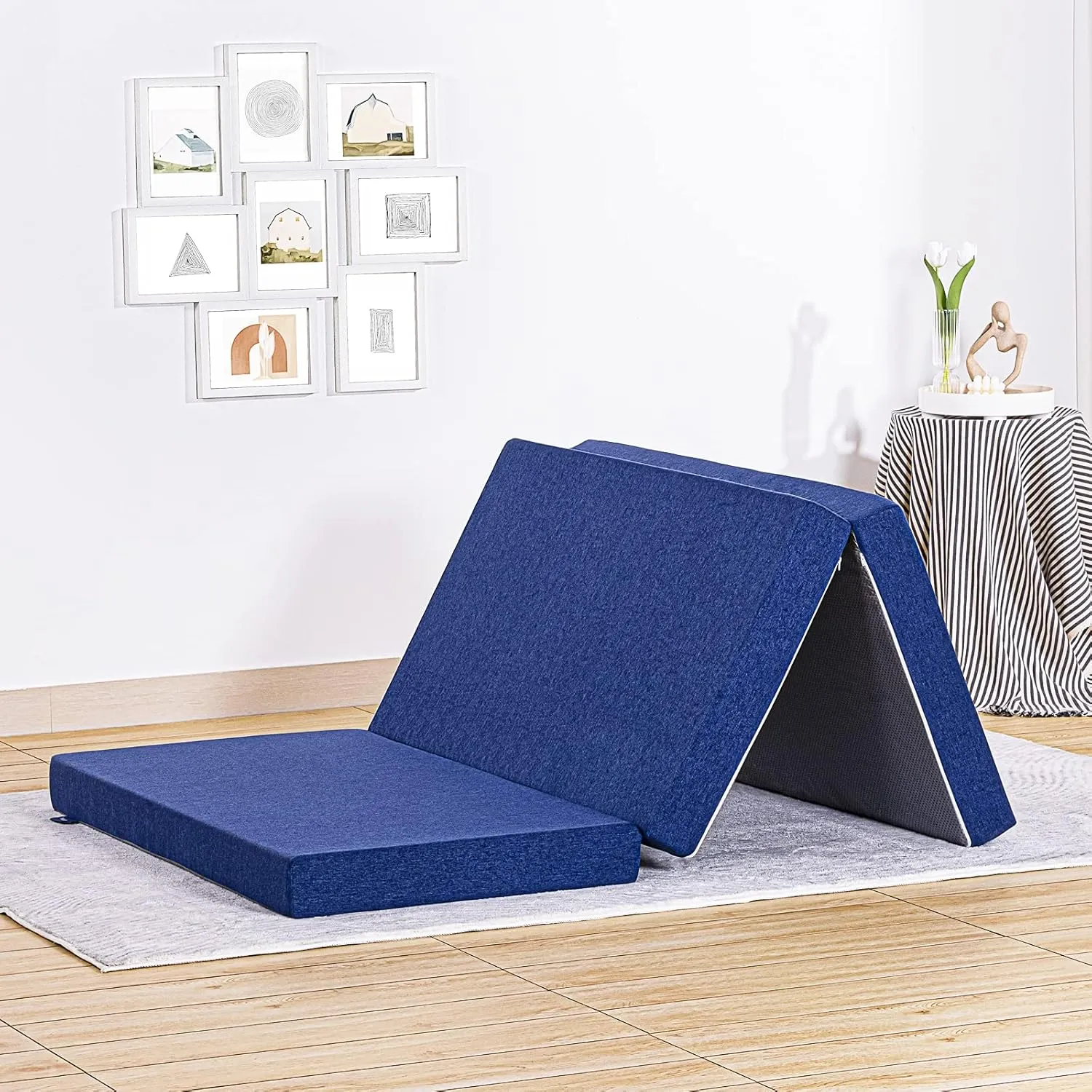JINGWEI Small Twin Size Folding Mattress, Tri-fold Memory Foam Mattress Topper with Washable Cover, 6-Inch, Play Mat, Foldable Bed, Guest beds, Camp Portable Bed, Blue, 25"*75"*6"
