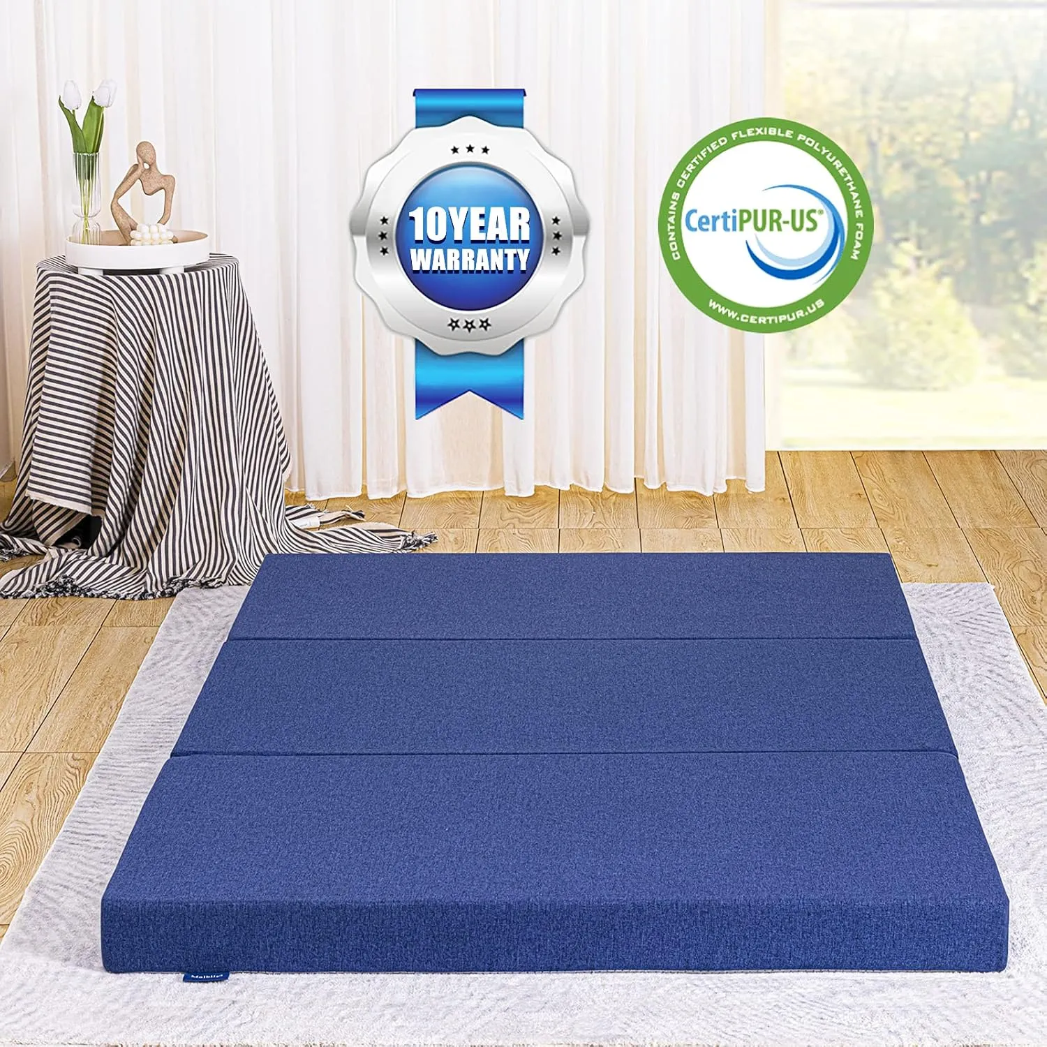 JINGWEI Small Twin Size Folding Mattress, Tri-fold Memory Foam Mattress Topper with Washable Cover, 6-Inch, Play Mat, Foldable Bed, Guest beds, Camp Portable Bed, Blue, 25"*75"*6"