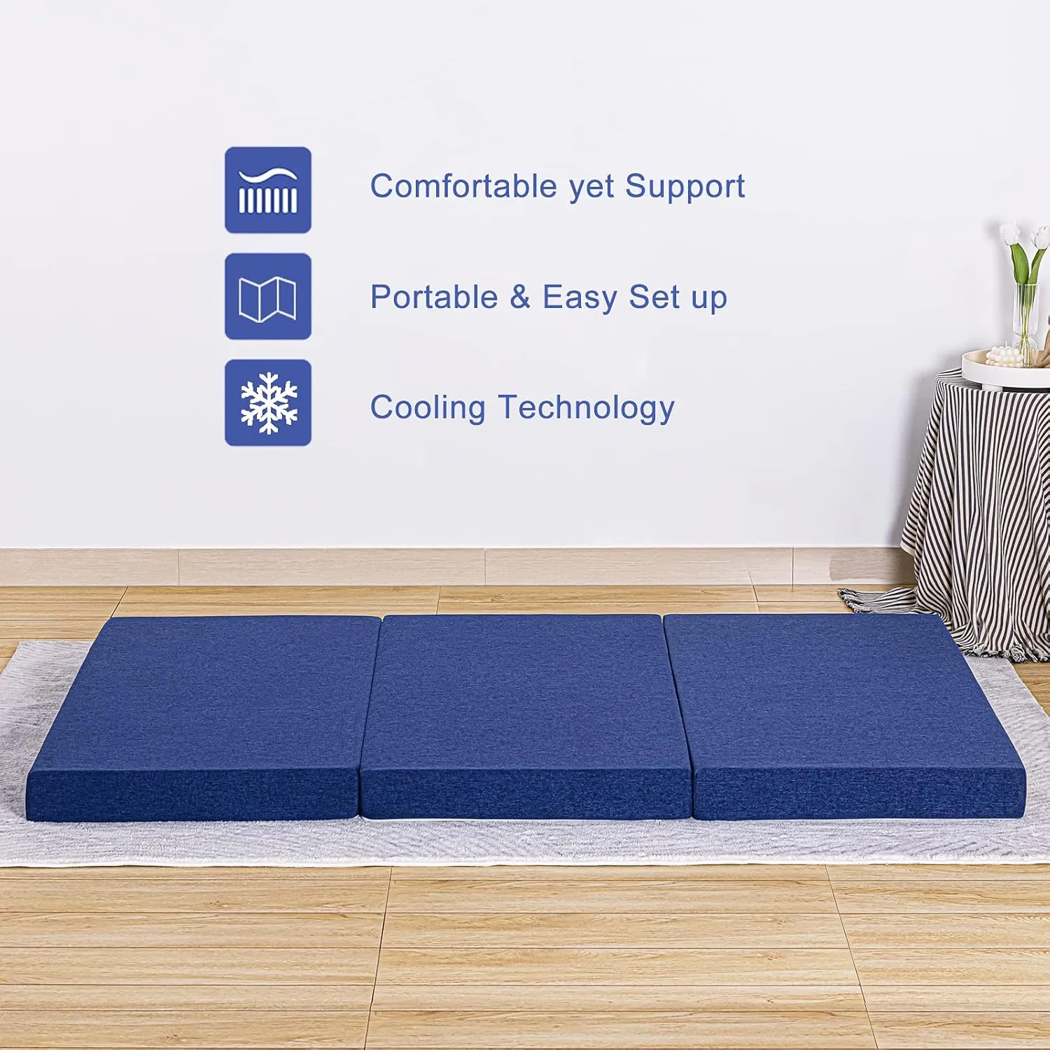 JINGWEI Small Twin Size Folding Mattress, Tri-fold Memory Foam Mattress Topper with Washable Cover, 6-Inch, Play Mat, Foldable Bed, Guest beds, Camp Portable Bed, Blue, 25"*75"*6"