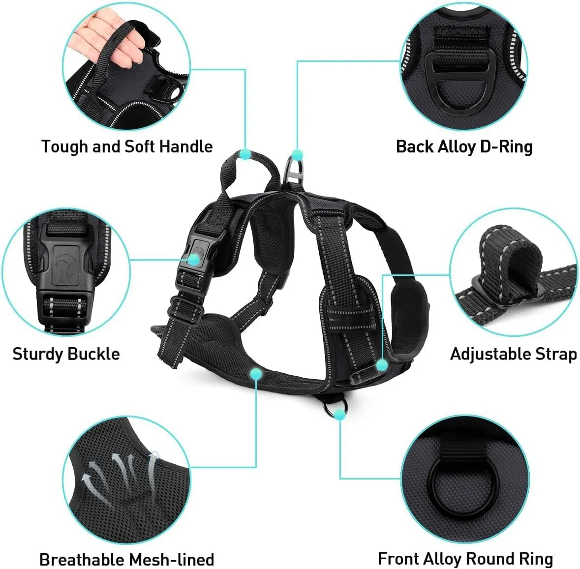 Joytale No Pull Dog Harness for Extra Large Dogs, Reflective Pet Vest with Front Clip, Adjustable Soft Padded Harnesses with Easy Control Handle for Training and Walking, Black, XL