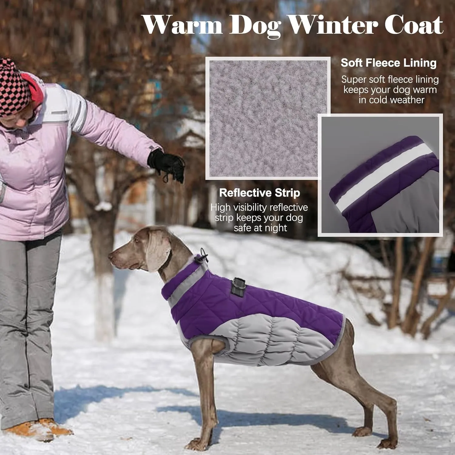 Lelepet Dog Coat with Harness Waterproof Dog Jacket, Reflective & Adjustable Turtleneck Neckline, Warm Fleece Vest for Winter, Coats for Dogs, Purple, XS