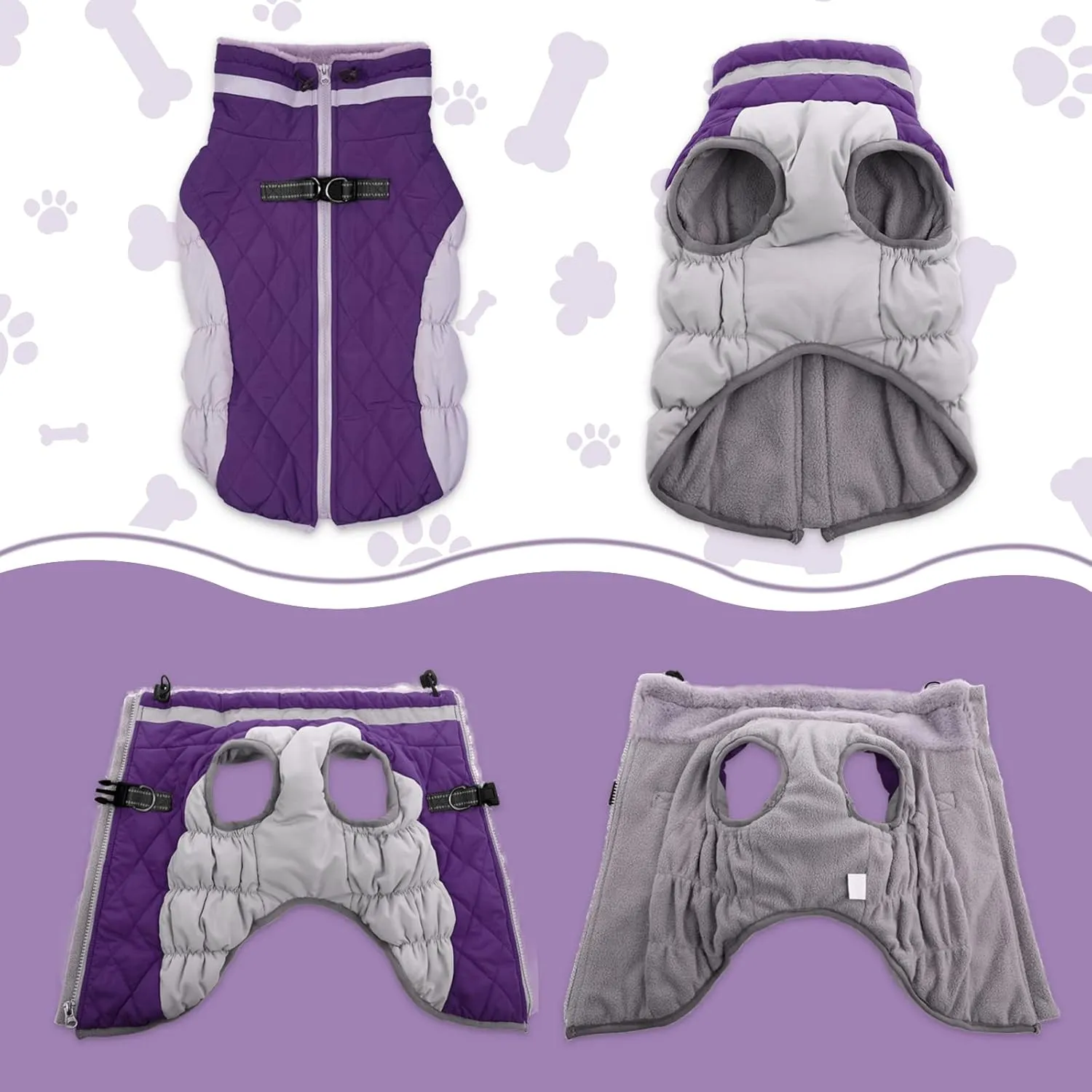 Lelepet Dog Coat with Harness Waterproof Dog Jacket, Reflective & Adjustable Turtleneck Neckline, Warm Fleece Vest for Winter, Coats for Dogs, Purple, XS