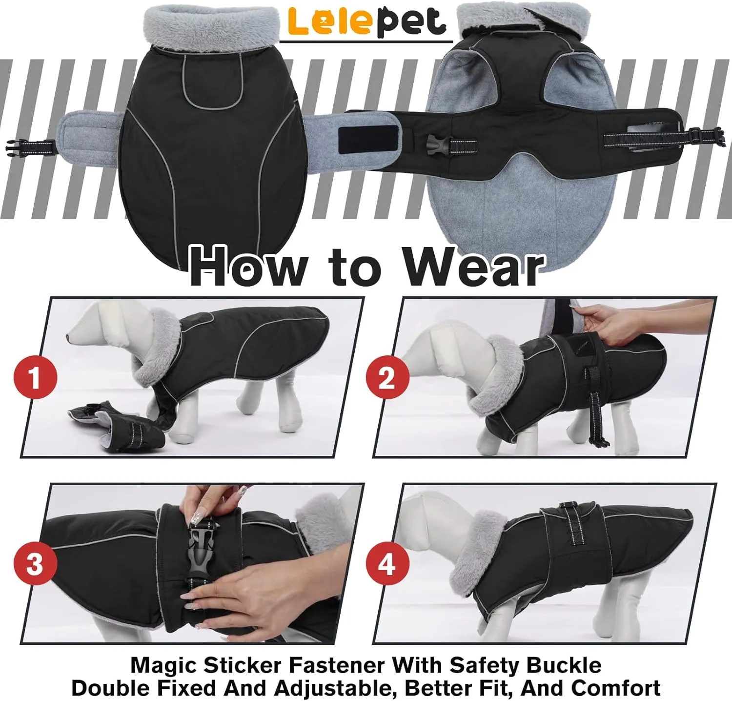 Lelepet Warm Dog Coat Reflective Dog Fleece Vest Waterproof Jacket Windproof Winter Cold Weather Coats with Adjustable Buckle Jackets for Small Dogs, Black, S