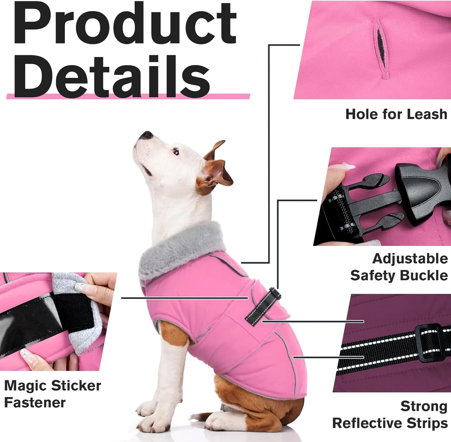 Lelepet Warm Dog Coat Reflective Fleece Vest Waterproof Dog Jacket with Adjustable Buckle Hook & Loop Windproof Cold Weather Coats for Small Medium Large Dogs, Pink, S