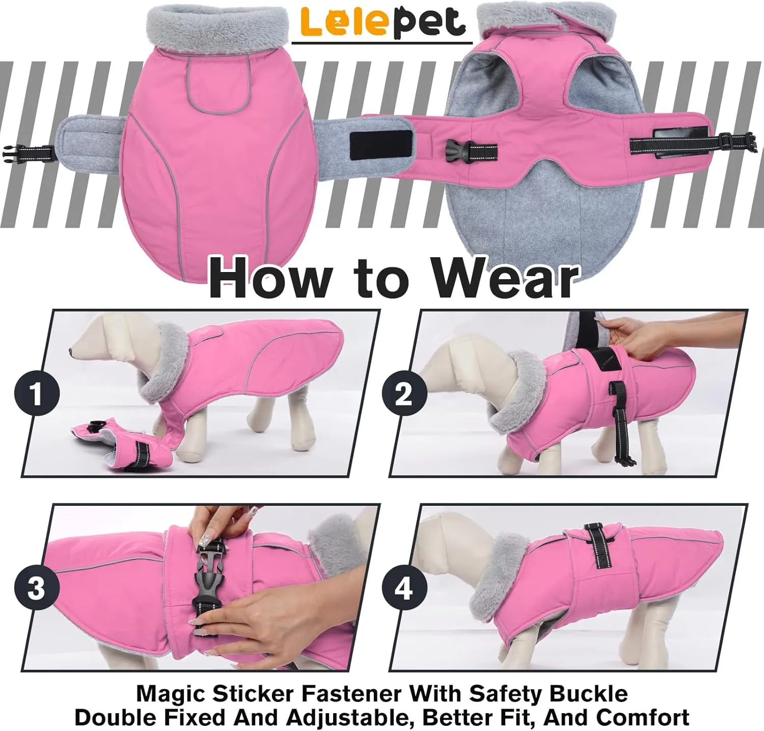 Lelepet Warm Dog Coat Reflective Fleece Vest Waterproof Dog Jacket with Adjustable Buckle Hook & Loop Windproof Cold Weather Coats for Small Medium Large Dogs, Pink, S