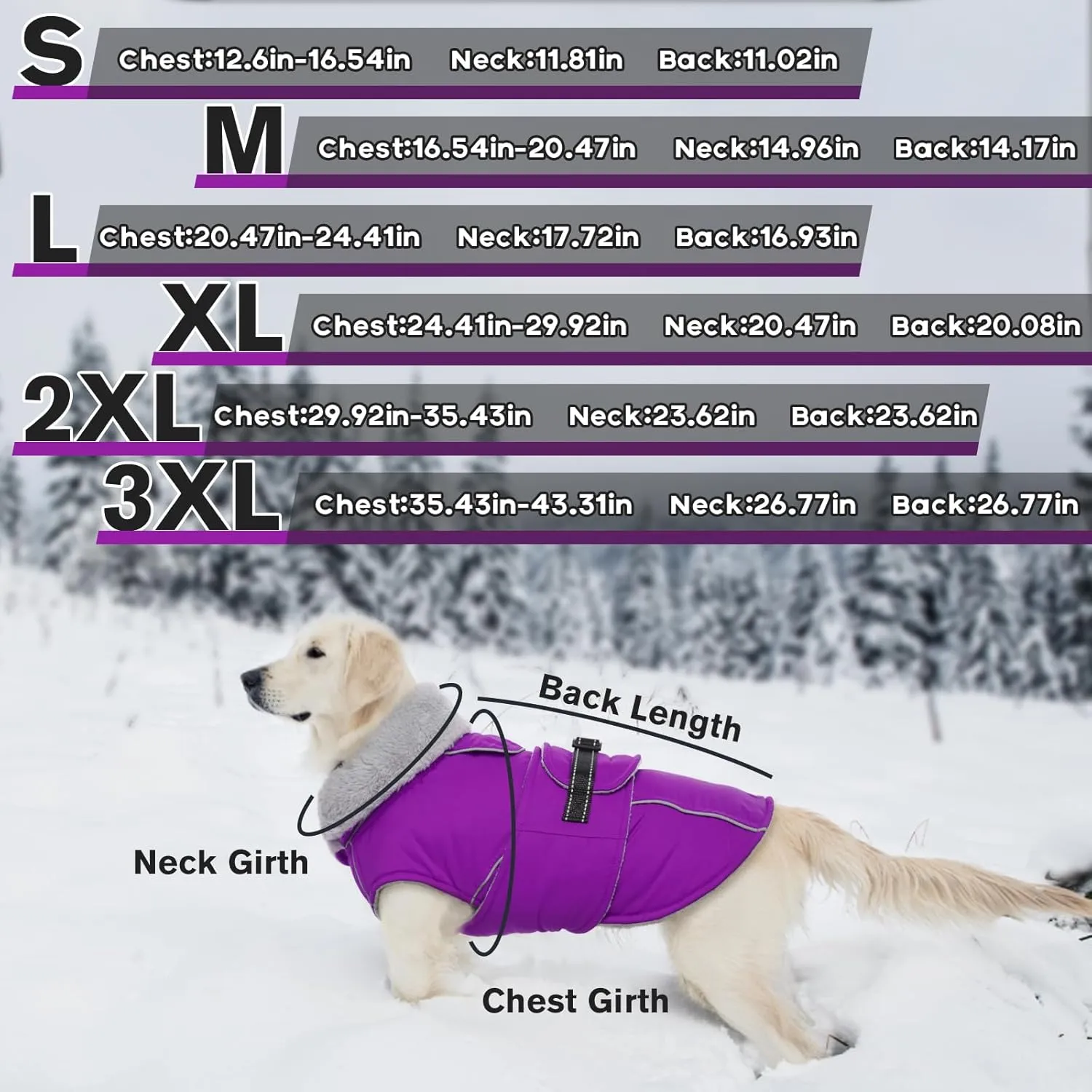 Lelepet Warm Dog Coat Reflective Fleece Vest Waterproof Dog Jacket with Adjustable Buckle Hook & Loop Windproof Cold Weather Coats for Small Medium Large Dogs, Purple, S