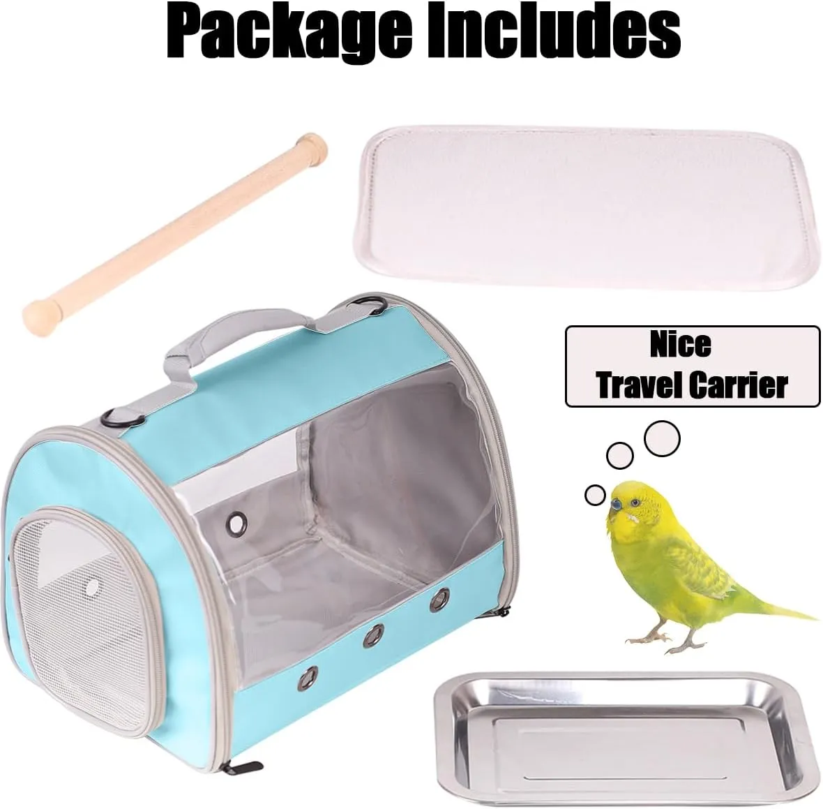 Long Tail Portable Bird Travel Carrier Cage with Metal Tray Soft Mat and Wooden Standing Perch, Hands Free Lightweight Clear 2 Windows Carry Bag for Parakeet Budgies Cockatiel Transport to Vet
