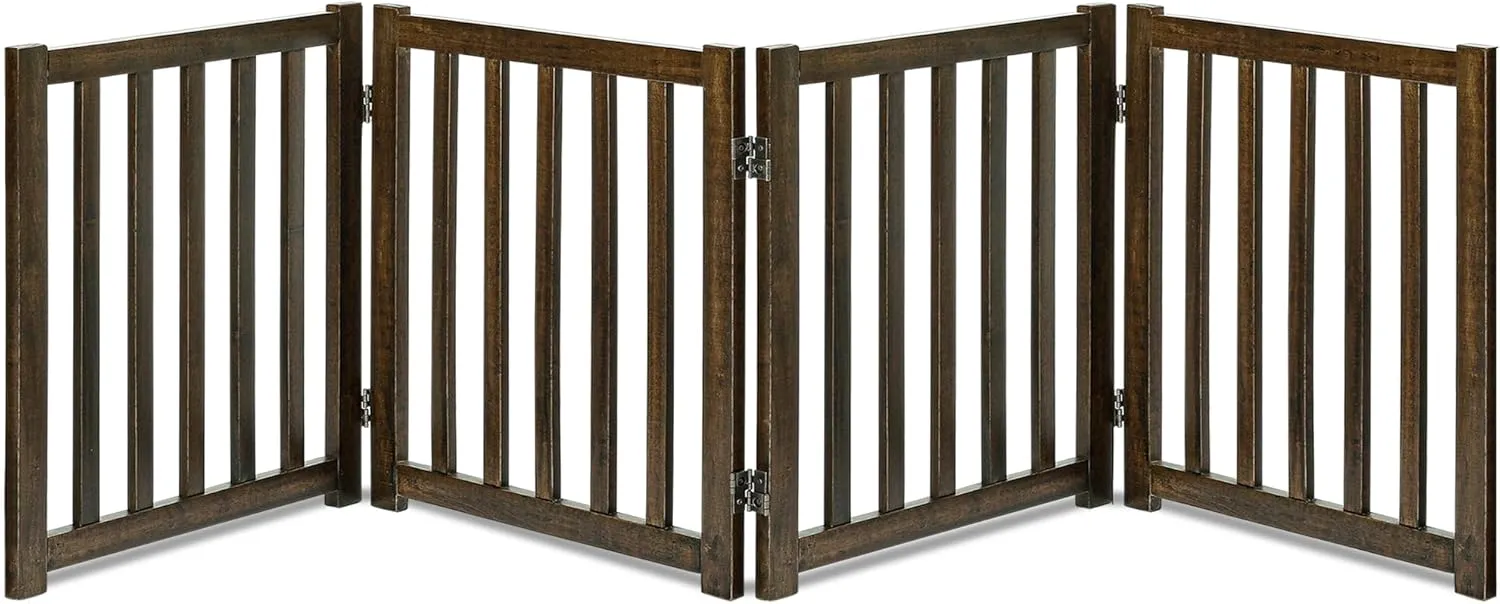 LZRS 4-Panel Wooden Free Standing Foldable Dog Gate  24" High, Extra Wide Step-Over Safety Pet Gate for Doorways, Stairs, Hallways, Large Spaces & Playpen for Puppies Indoor Use, Walnut
