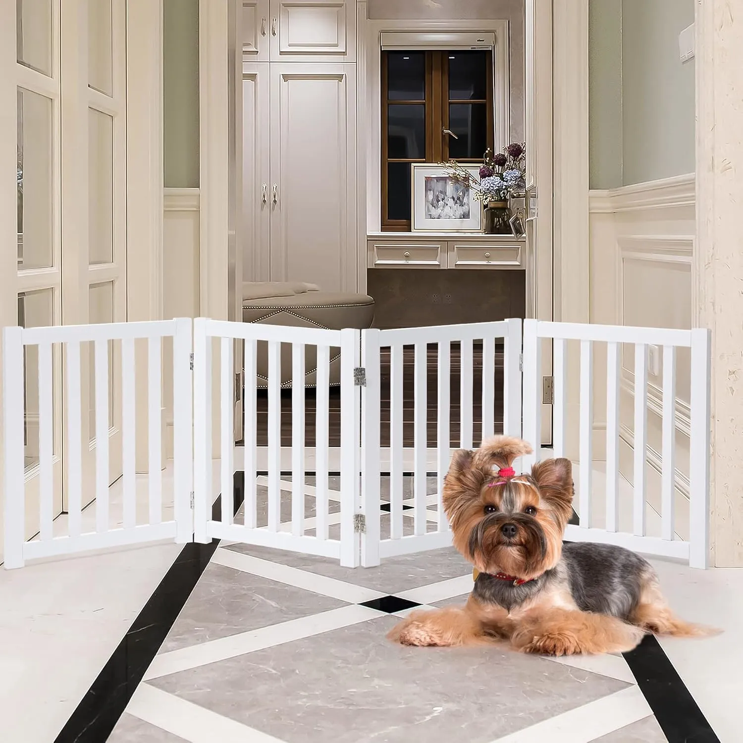 LZRS 4-Panel Wooden Free Standing Foldable Dog Gate  24" High, Extra Wide Step-Over Safety Pet Gate for Doorways, Stairs, Hallways, Large Spaces & Playpen for Puppies Indoor Use, White