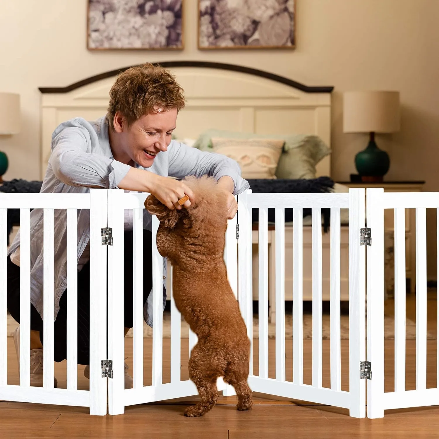 LZRS 4-Panel Wooden Free Standing Foldable Dog Gate  24" High, Extra Wide Step-Over Safety Pet Gate for Doorways, Stairs, Hallways, Large Spaces & Playpen for Puppies Indoor Use, White