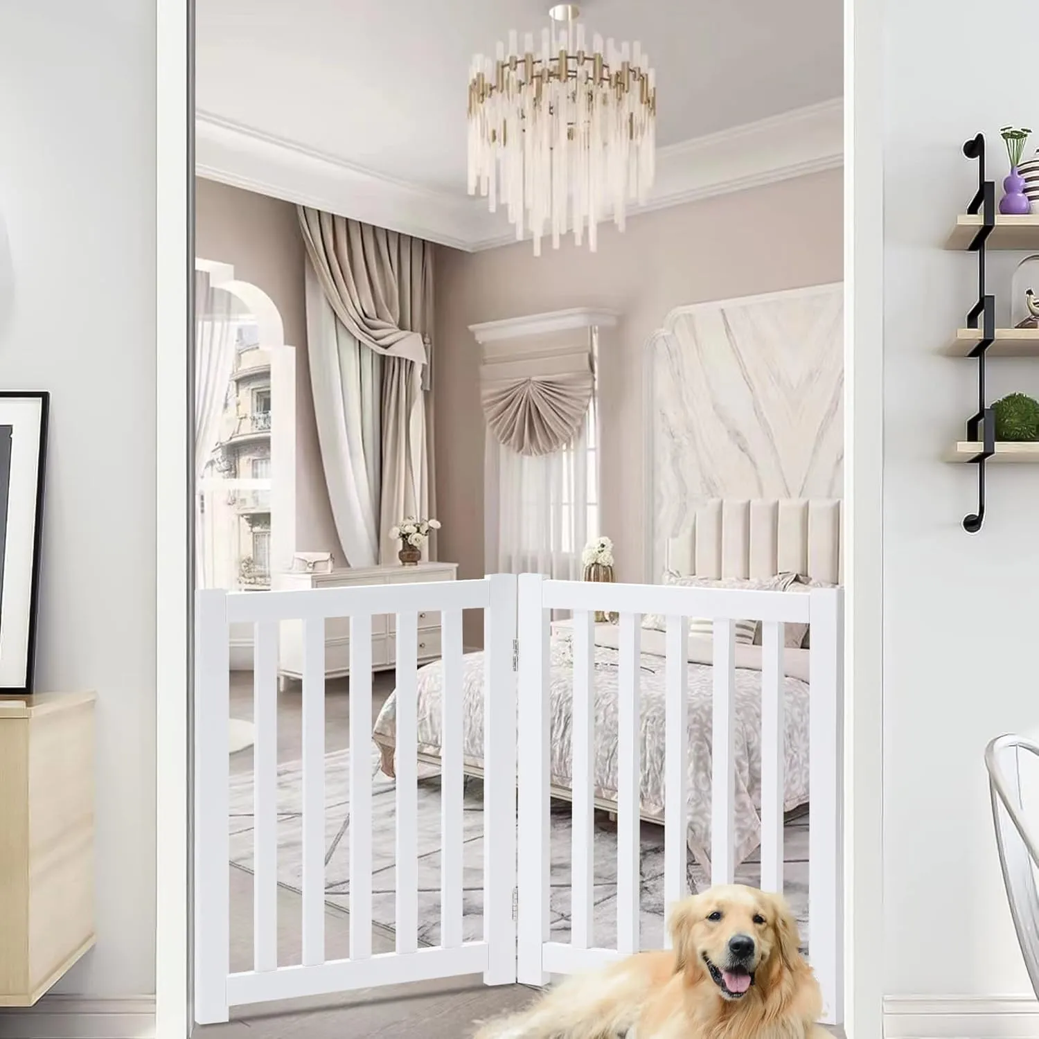 LZRS 4-Panel Wooden Free Standing Foldable Dog Gate  24" High, Extra Wide Step-Over Safety Pet Gate for Doorways, Stairs, Hallways, Large Spaces & Playpen for Puppies Indoor Use, White
