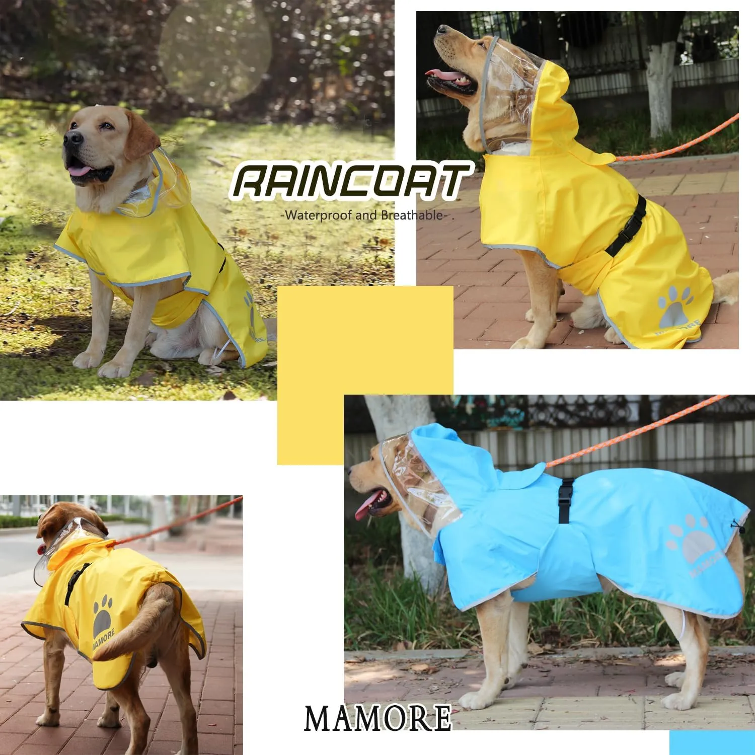 MAMORE Dog Raincoat Hooded Rain Jacket for Small Medium Large Dogs Slicker Poncho Bottom Waterproof Adjustable Reflective Breathable Leash Hole (Yellow, Small)