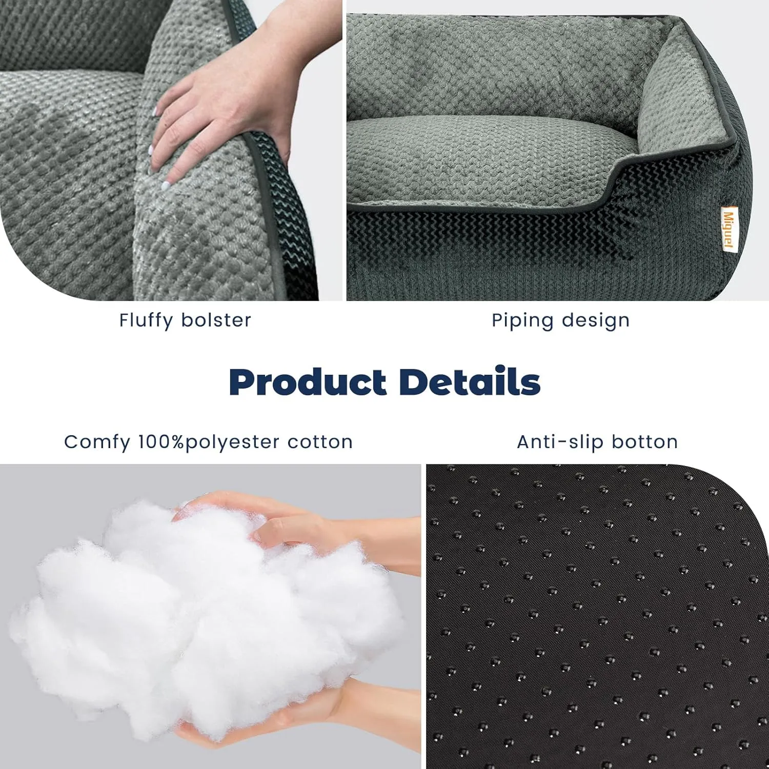 Miguel Medium Small Dog Bed with Washable Removable Cover - Rectangle Pet Bed for Indoor Cats with Bolster Soft Cuddle Bed for Puppies with Supportive Side Wall Non-Slip Bottom, Dark Gray 25 Inches
