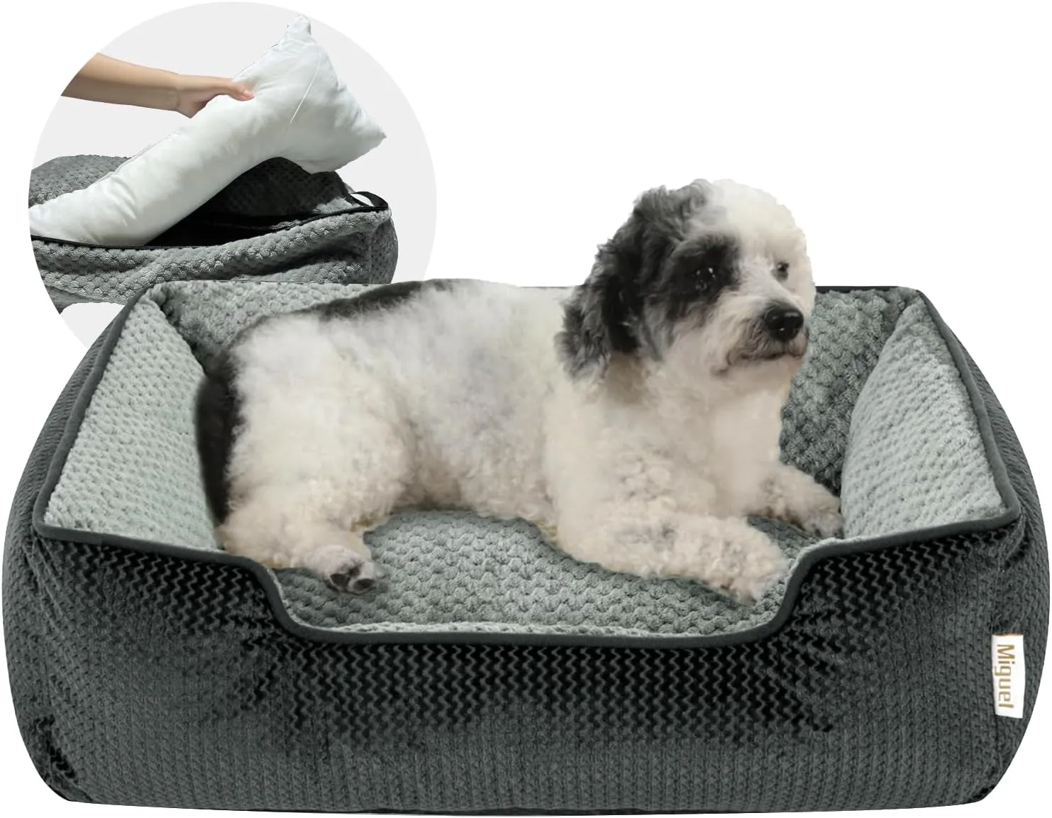 Miguel Medium Small Dog Bed with Washable Removable Cover - Rectangle Pet Bed for Indoor Cats with Bolster Soft Cuddle Bed for Puppies with Supportive Side Wall Non-Slip Bottom, Dark Gray 25 Inches