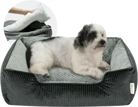 Miguel Medium Small Dog Bed with Washable Removable Cover - Rectangle Pet Bed for Indoor Cats with Bolster Soft Cuddle Bed for Puppies with Supportive Side Wall Non-Slip Bottom, Dark Gray 25 Inches