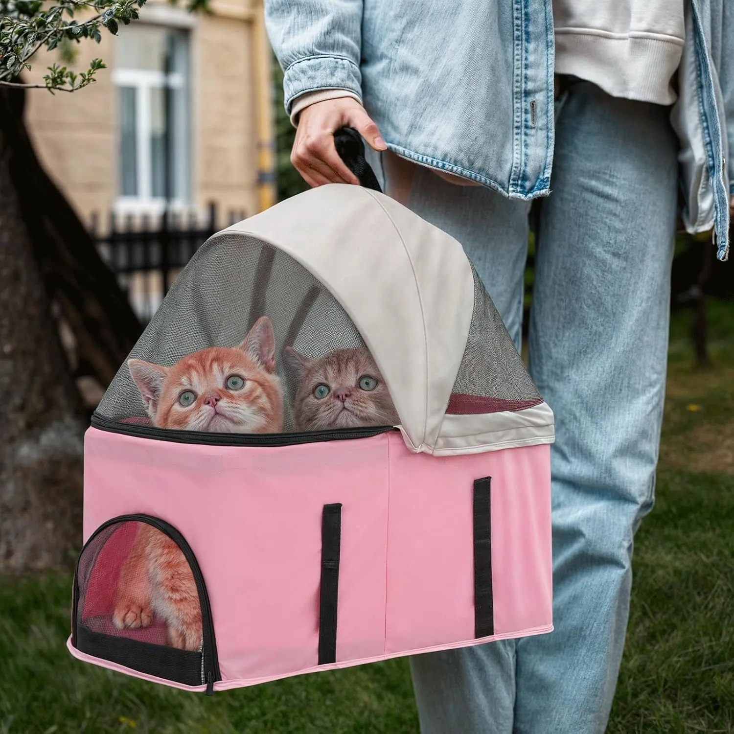 MoNiBloom 3 in 1 Foldable Pet Stroller for Small & Medium Dogs, Detachable Carrier, Car Seat, Push Button Entry, 4-Wheel Jogger for Pets up to 33 lbs, Pink