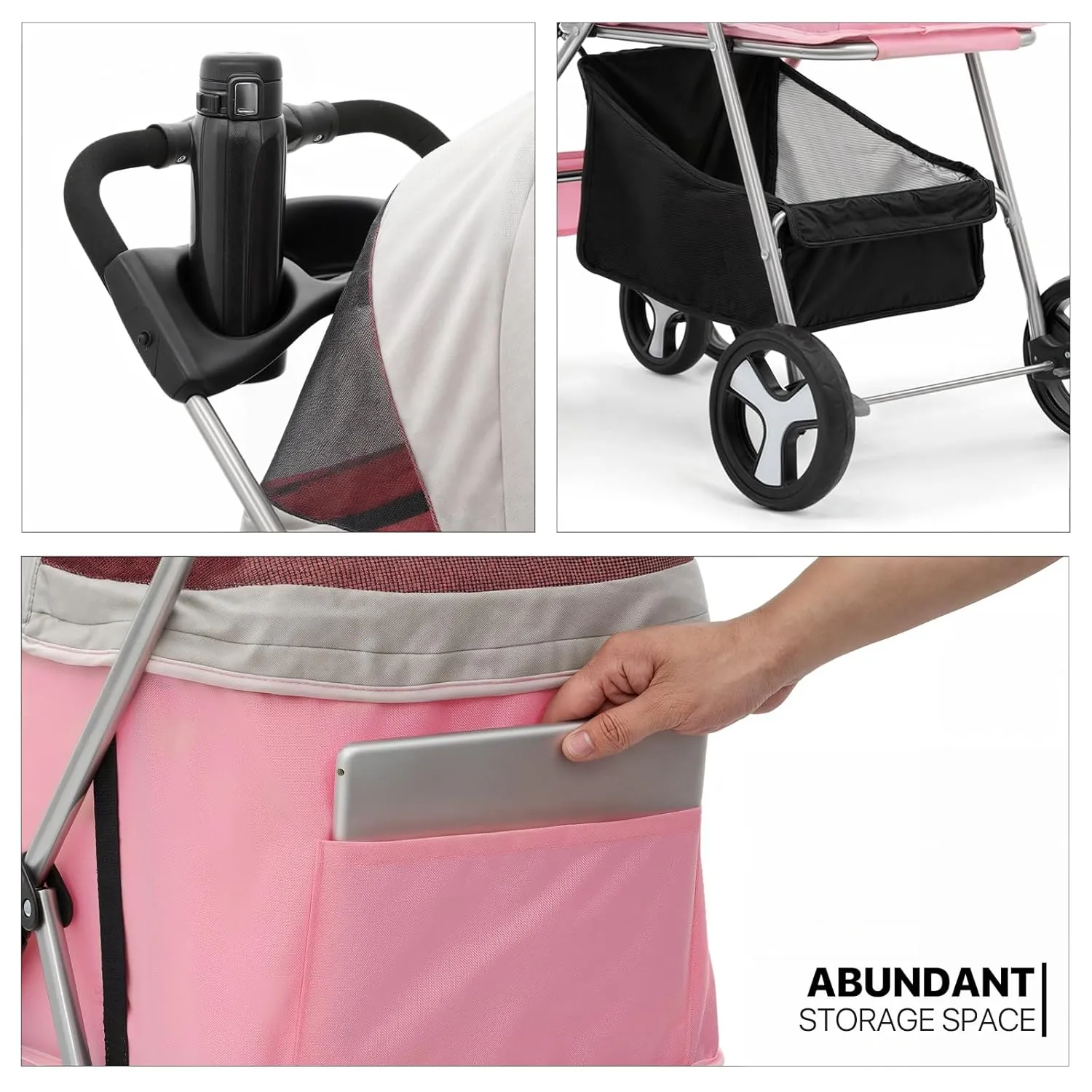 MoNiBloom 3 in 1 Foldable Pet Stroller for Small & Medium Dogs, Detachable Carrier, Car Seat, Push Button Entry, 4-Wheel Jogger for Pets up to 33 lbs, Pink