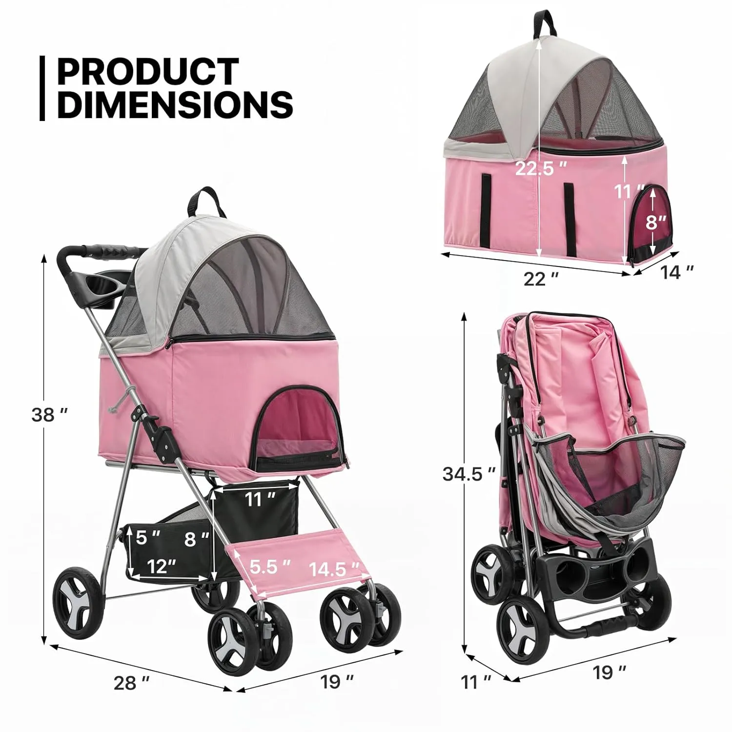 MoNiBloom 3 in 1 Foldable Pet Stroller for Small & Medium Dogs, Detachable Carrier, Car Seat, Push Button Entry, 4-Wheel Jogger for Pets up to 33 lbs, Pink