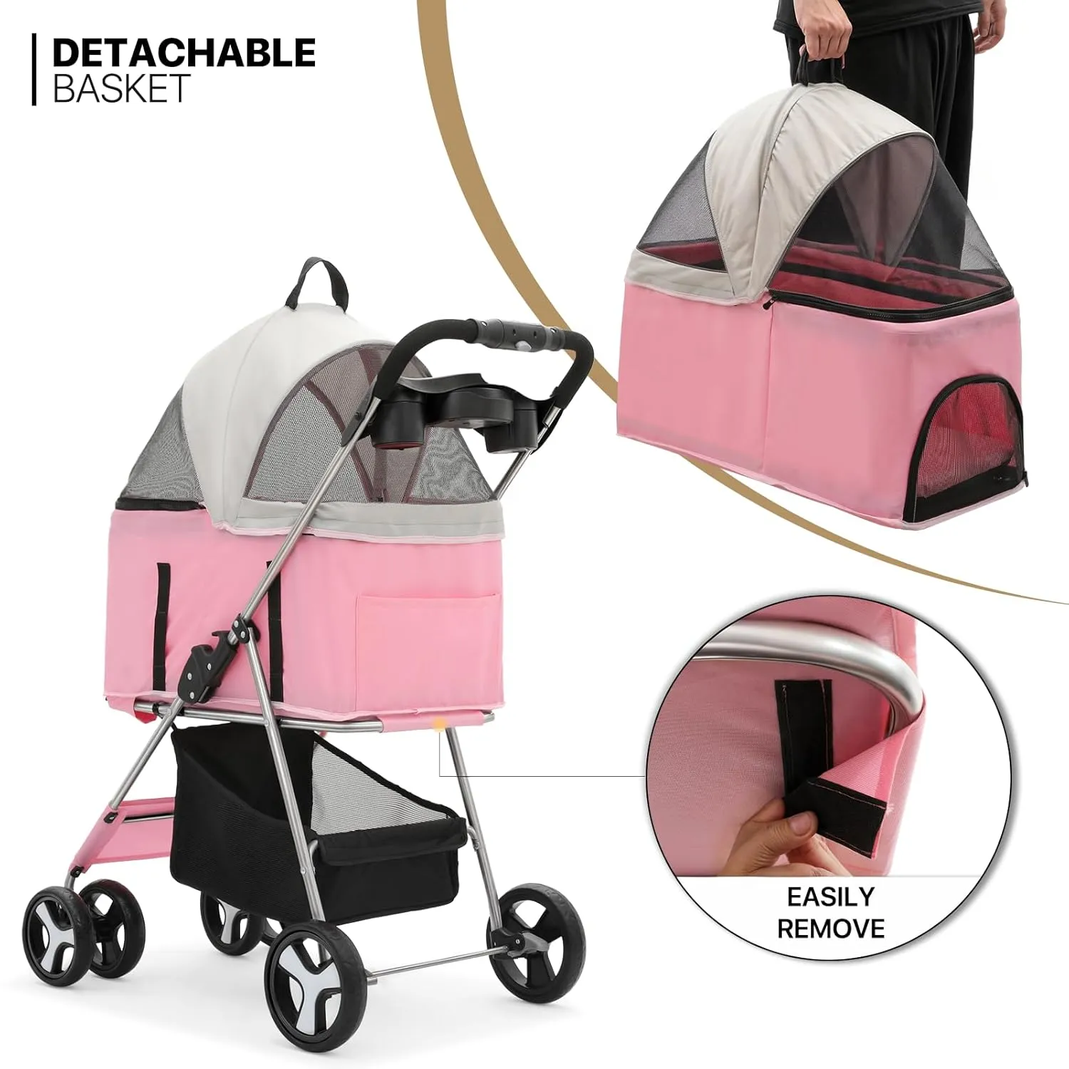 MoNiBloom 3 in 1 Foldable Pet Stroller for Small & Medium Dogs, Detachable Carrier, Car Seat, Push Button Entry, 4-Wheel Jogger for Pets up to 33 lbs, Pink