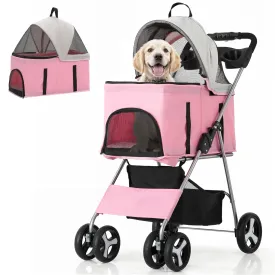MoNiBloom 3 in 1 Foldable Pet Stroller for Small & Medium Dogs, Detachable Carrier, Car Seat, Push Button Entry, 4-Wheel Jogger for Pets up to 33 lbs, Pink