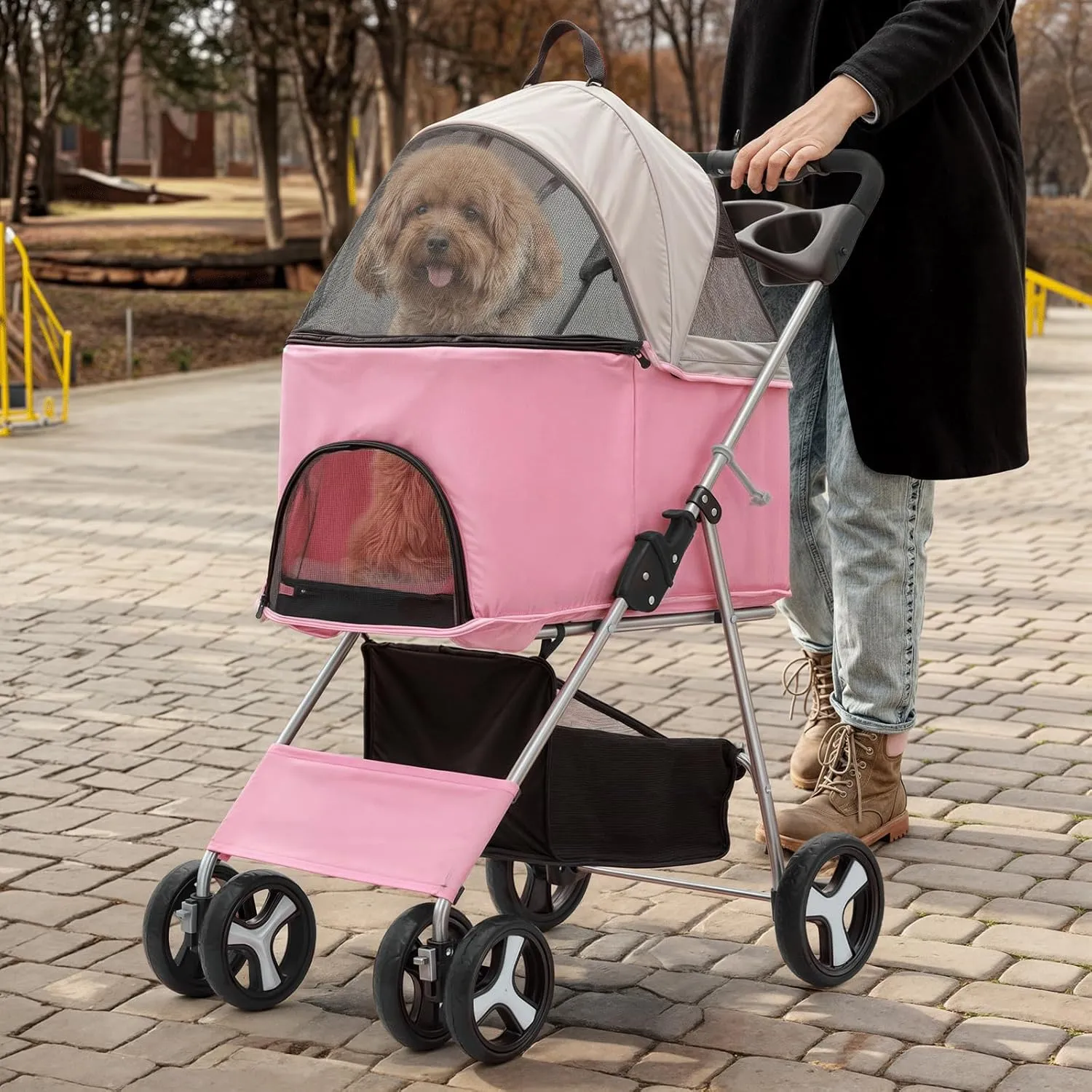 MoNiBloom 3 in 1 Foldable Pet Stroller for Small & Medium Dogs, Detachable Carrier, Car Seat, Push Button Entry, 4-Wheel Jogger for Pets up to 33 lbs, Pink