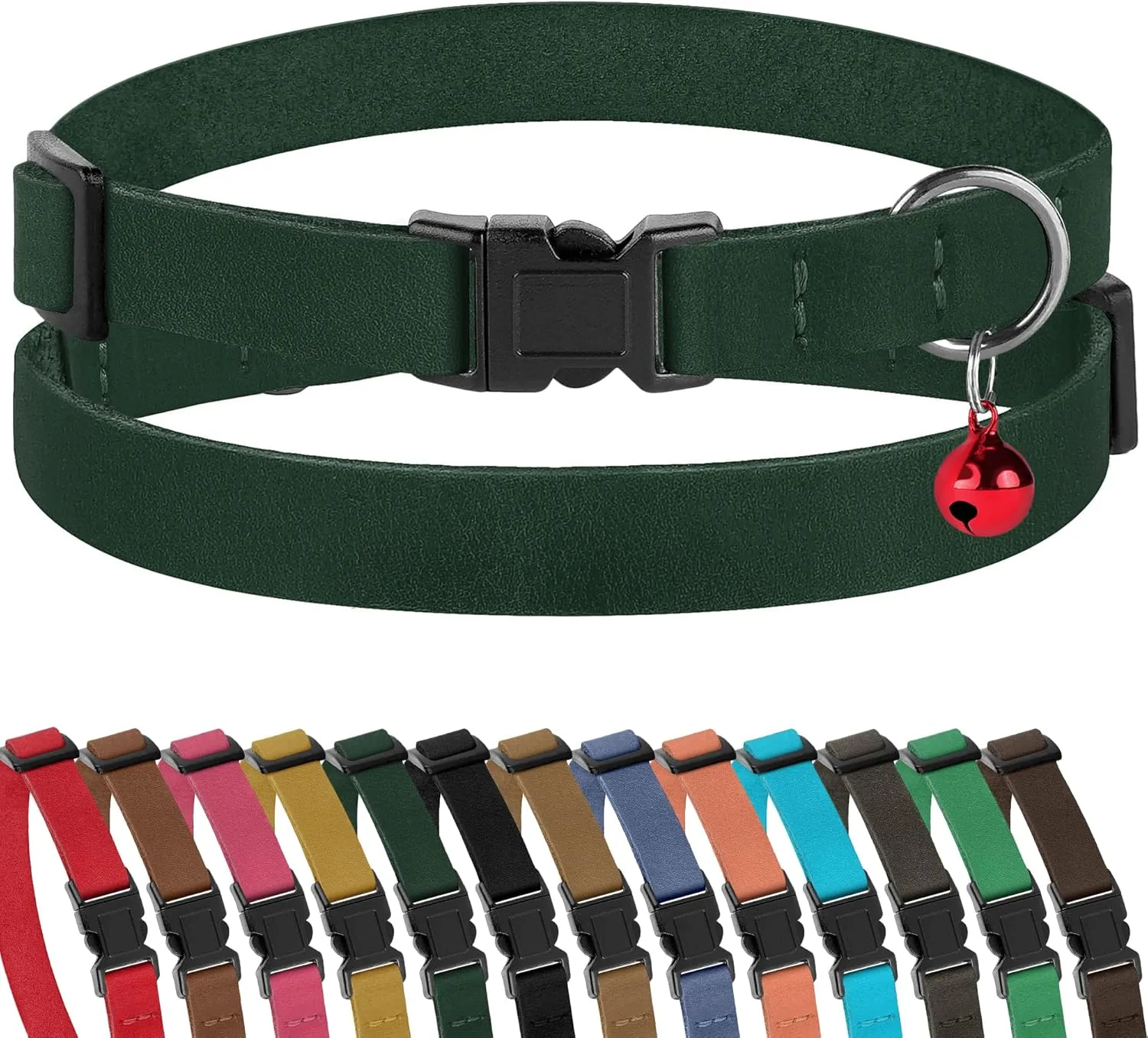 Muromto Breakaway Cat Collar Leather Soft Adjustable Pet Kitten Collars with Bell Pink Brown Blue Green Red (Emerald)