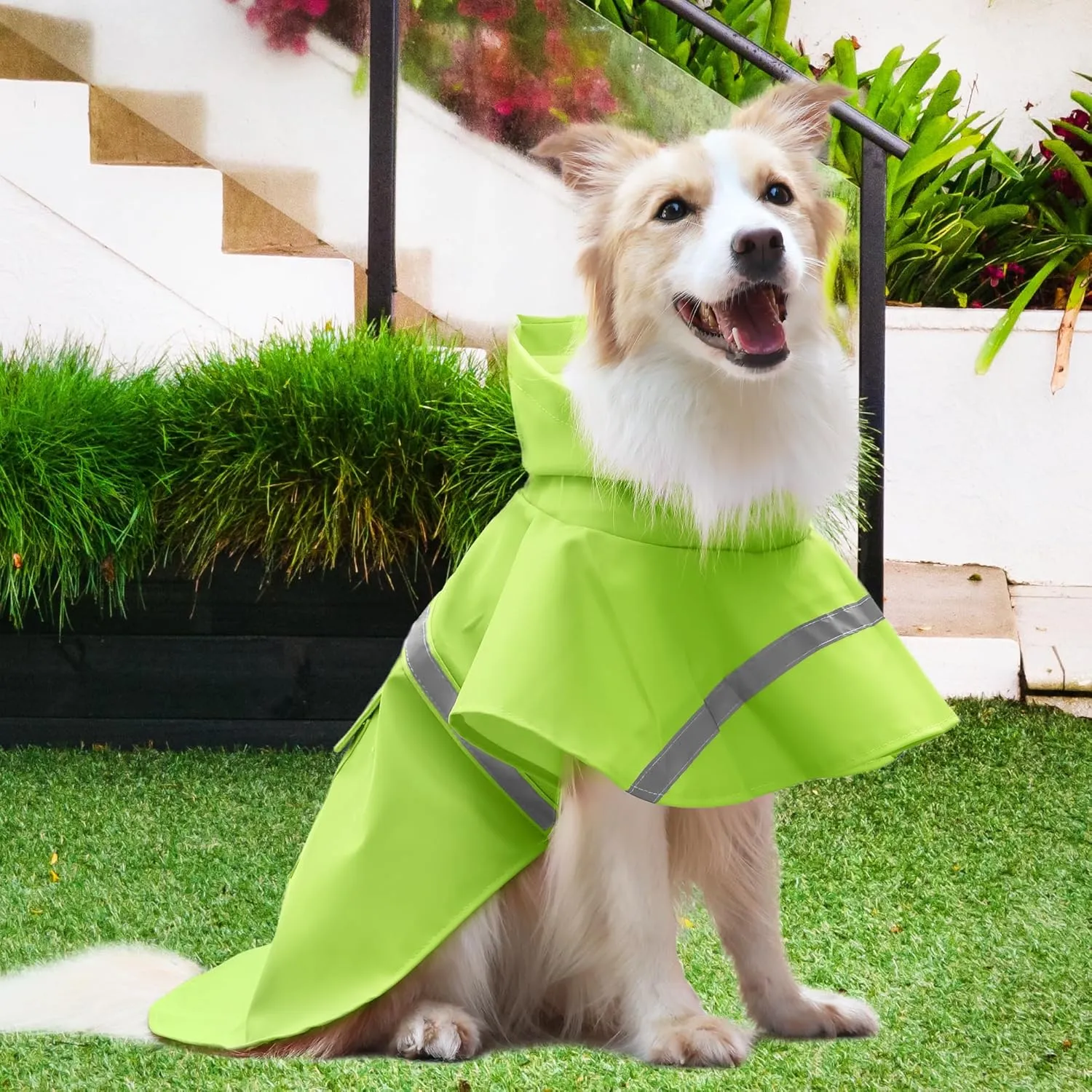 NACOCO Large Dog Raincoat Adjustable - Pet Water Proof Clothes Lightweight Rain Jacket Poncho Hoodies with Strip Reflective (M, Green)