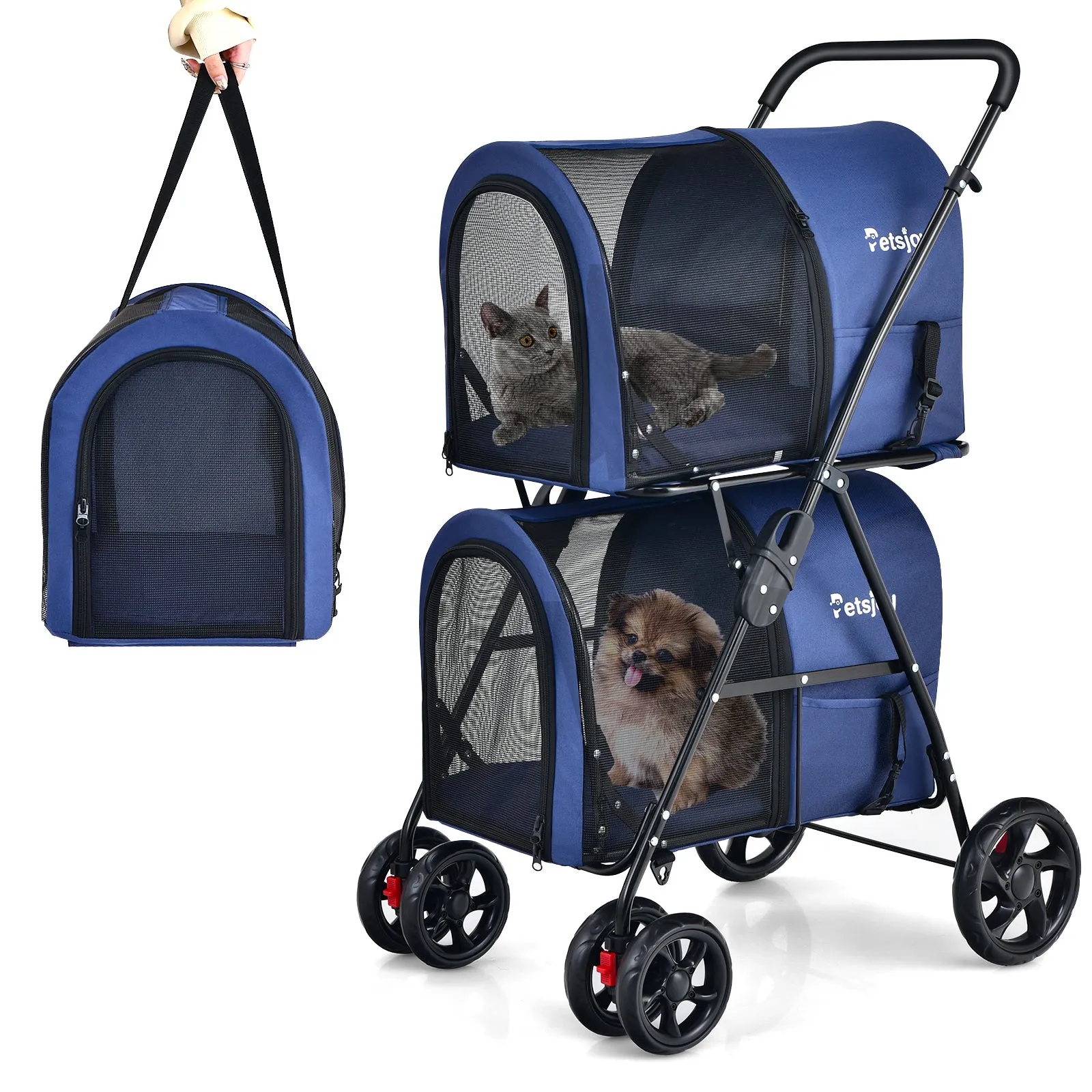 NNECW 4-in-1 Double Pet Stroller with Detachable Carrier for Cats Travel-Navy