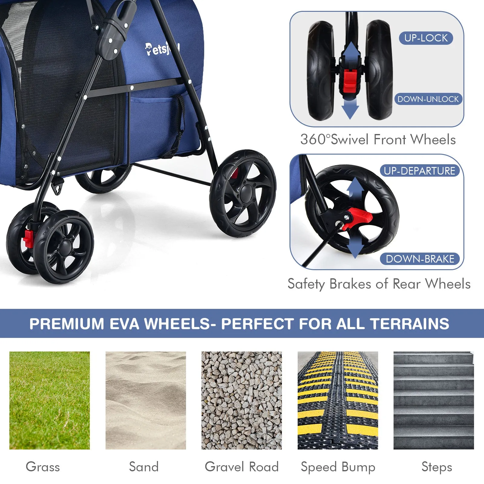 NNECW 4-in-1 Double Pet Stroller with Detachable Carrier for Cats Travel-Navy