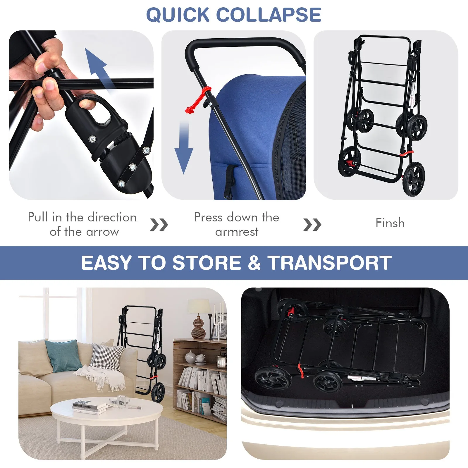 NNECW 4-in-1 Double Pet Stroller with Detachable Carrier for Cats Travel-Navy