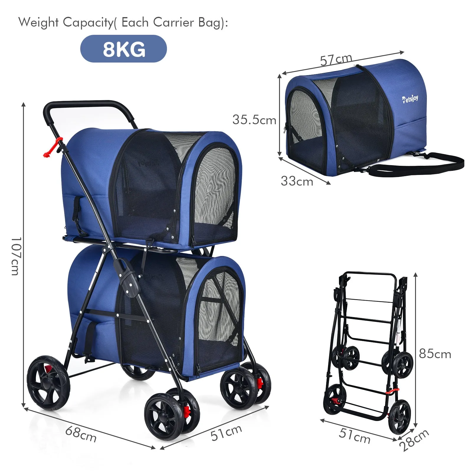 NNECW 4-in-1 Double Pet Stroller with Detachable Carrier for Cats Travel-Navy