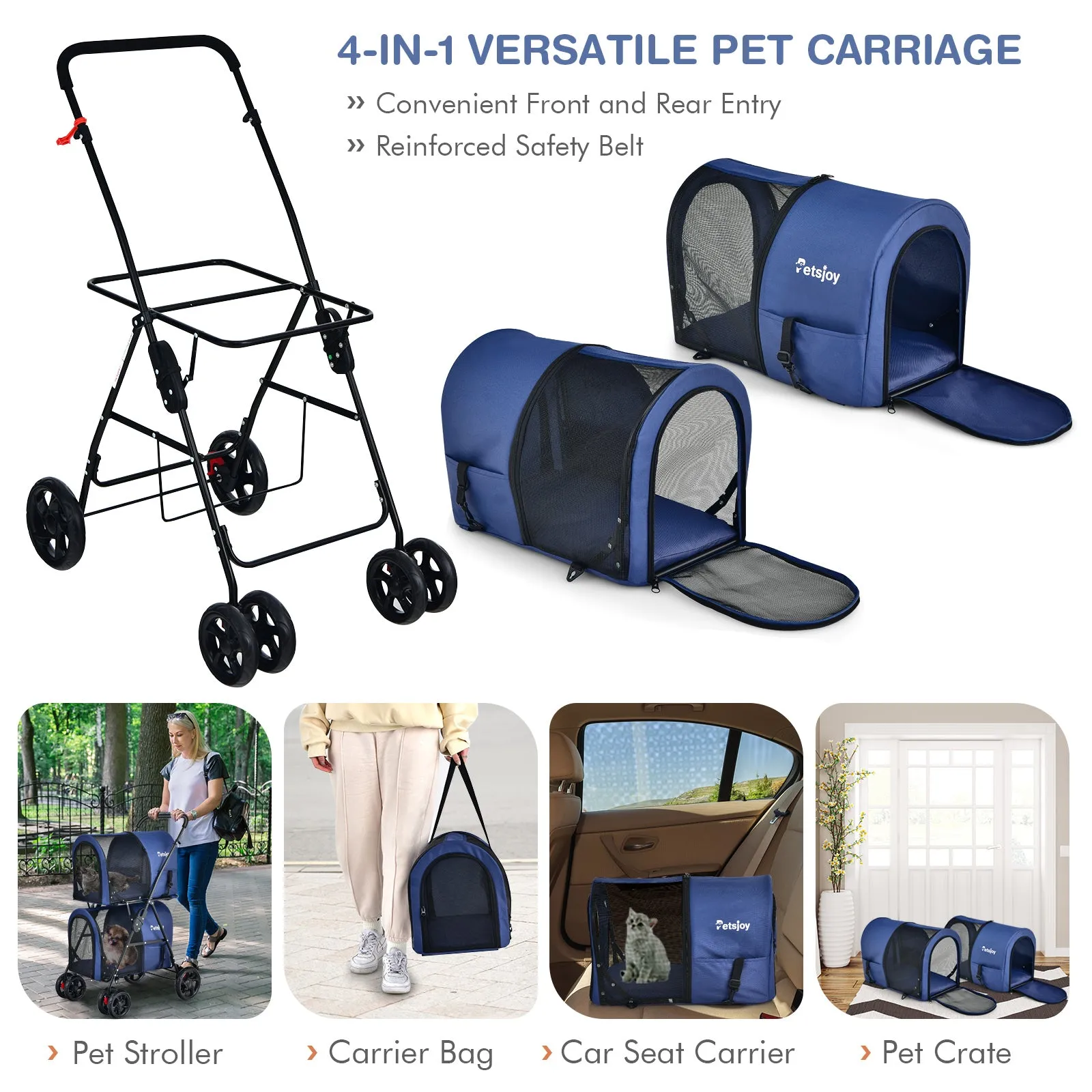 NNECW 4-in-1 Double Pet Stroller with Detachable Carrier for Cats Travel-Navy