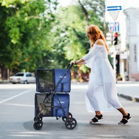 NNECW 4-in-1 Double Pet Stroller with Detachable Carrier for Cats Travel-Navy