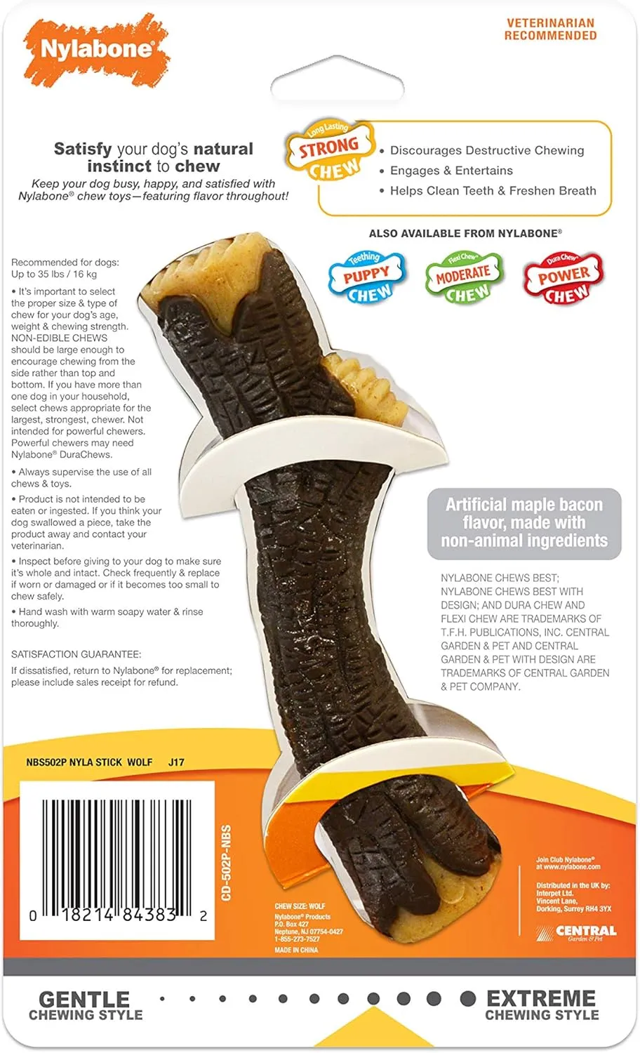 Nylabone Real Wood Stick Toy Strong Chew Toy for Dogs, Rubber Dog Toys for Moderate & Aggressive Chewers, Bacon Flavor, Medium - Up to 35 lbs, 1 Count