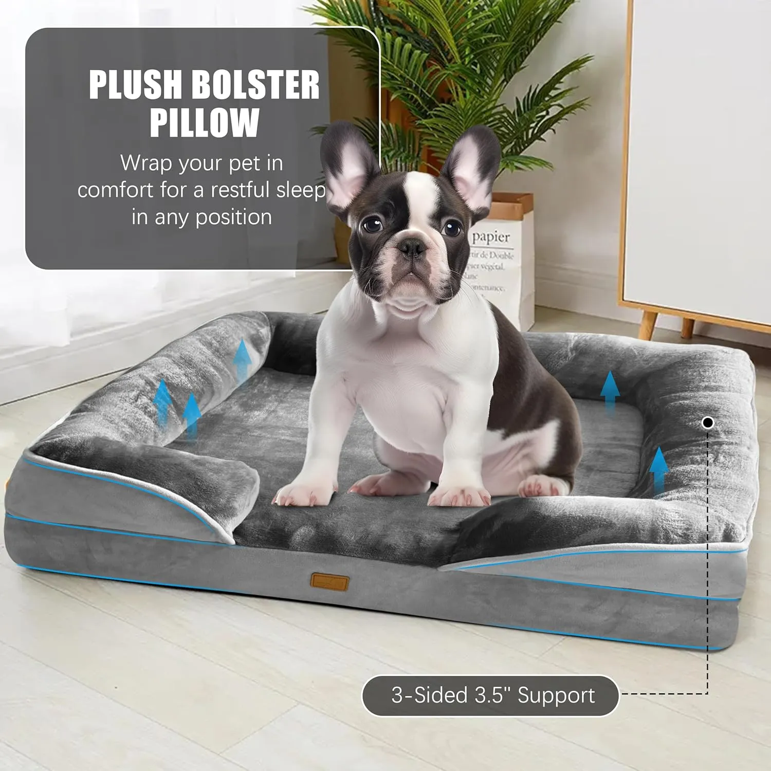 Orthopedic Dog Bed with Sides - Dog Sofa Beds for Medium Dogs, Supportive Foam Pet Couch Bed with Washable Removable Cover, Waterproof Lining and Non-Slip Bottom, Grey - M