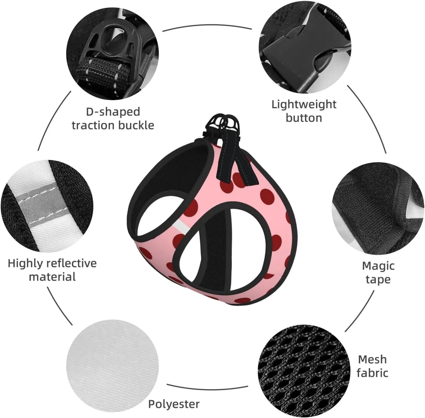 Pale Pink Polka Dot No Pull Dog Harness and Leash Set, Cute Reflective Vest for Small Dogs,Adjustable Breathable Mesh Puppy Harness for Walking Hiking,Small